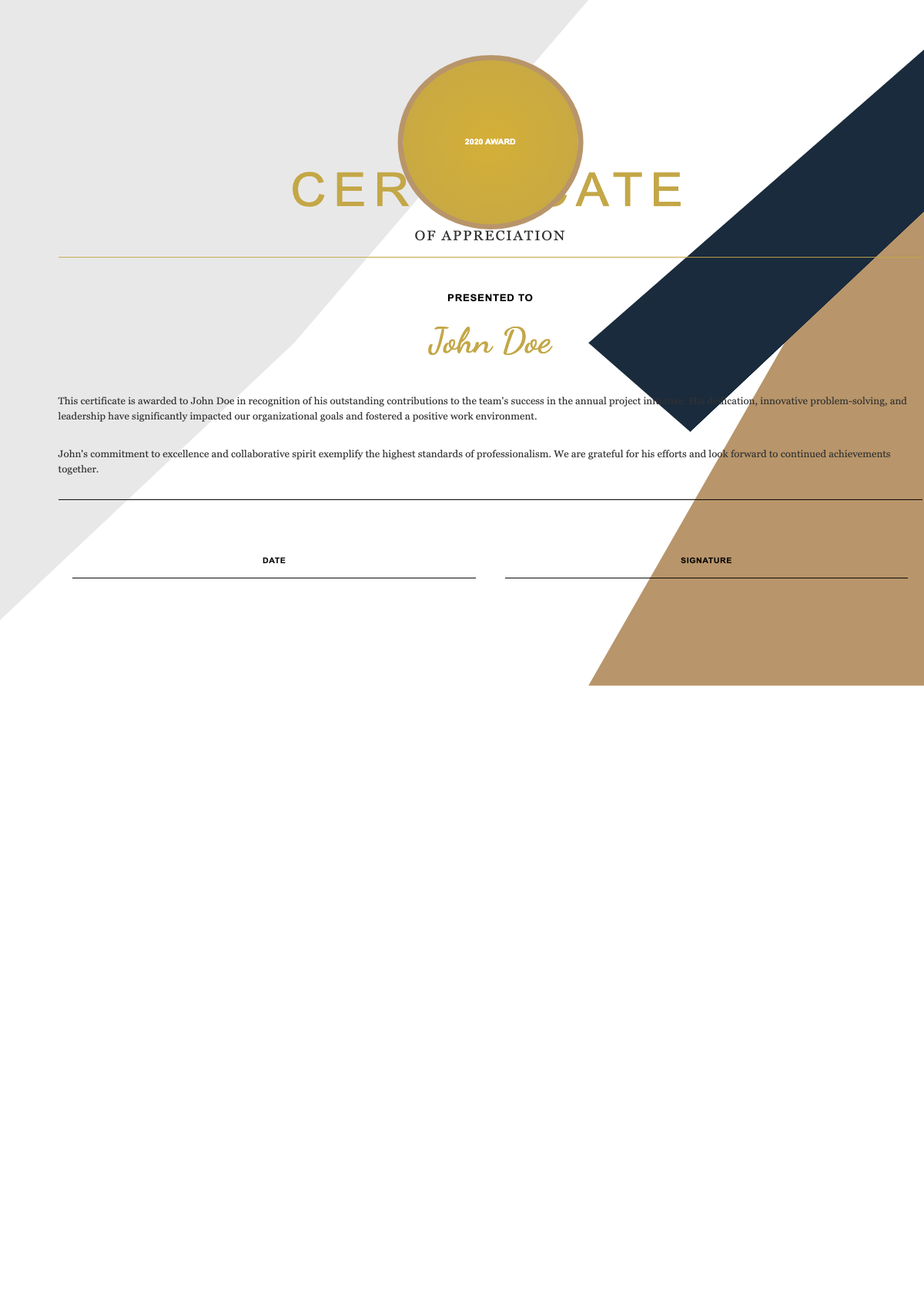 Elegant certificate of appreciation with gold seal and geometric design_variant_2